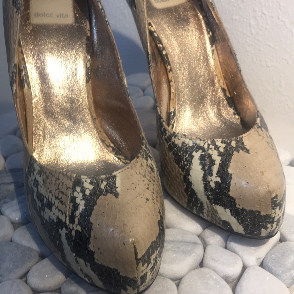 Dolce Vita Tan & Black Snakeskin Heels - Picture 2 of 6